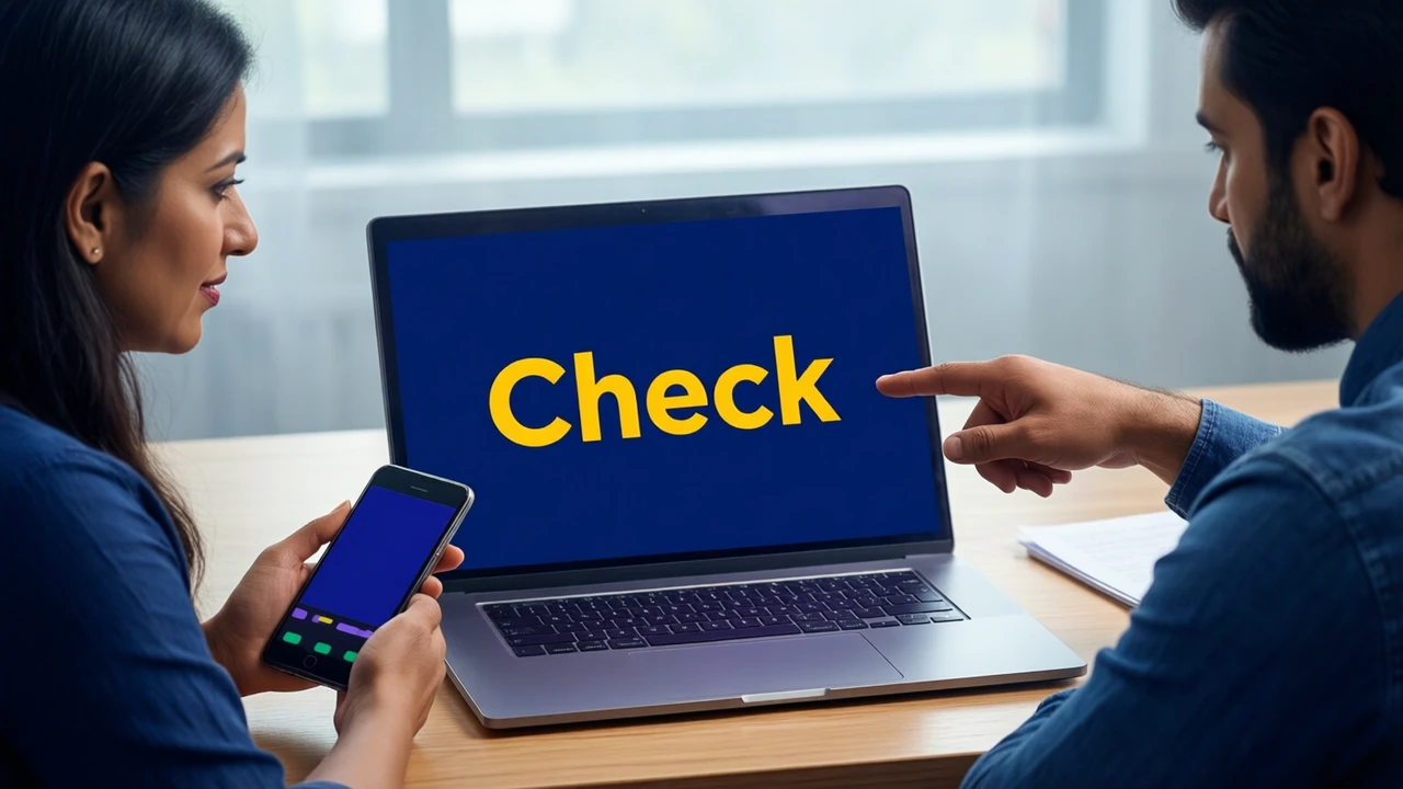 Two Indian colleagues at a shared desk in a small bright office, a woman holding an Android phone beside an open laptop while a man points at the laptop screen, which is deep navy with the large yellow word "Check", the laptop plain on its lid