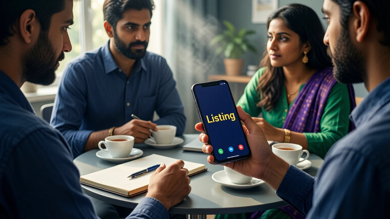 Three Indian colleagues around a small round table in a sunlit workroom, one woman holding an Android phone toward the others, the phone screen deep navy with the large yellow word "Listing", a closed paper notebook, a pen and three cups of tea on the table