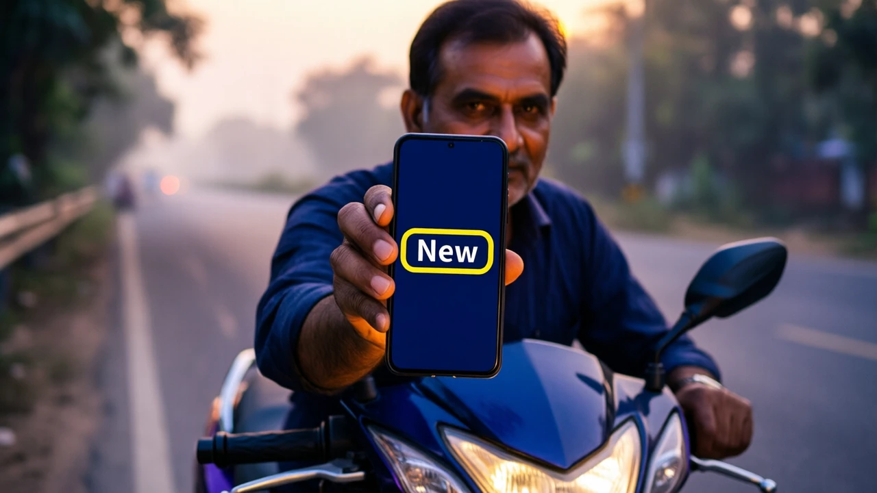 An Indian man in his forties on a scooter parked at a roadside, holding his Android phone toward us, the screen deep navy with the large white word "New" inside a yellow rounded tag, the screen plain edge to edge, warm evening light