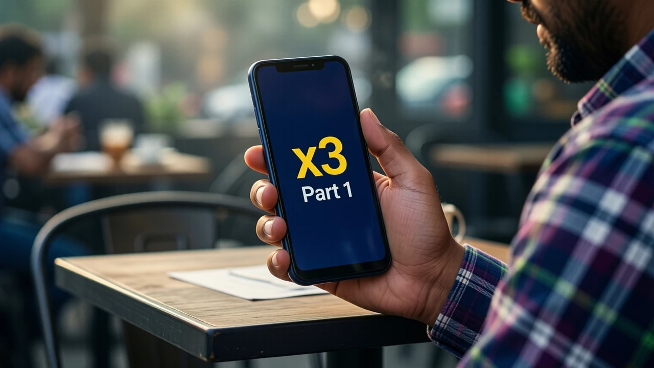 An Indian man in a checked shirt at a small cafe table holding his Android phone in one hand at chest height, the screen deep navy with the large yellow number "x3" printed flat above the white word "Part 1", the screen plain edge to edge, soft afternoon light