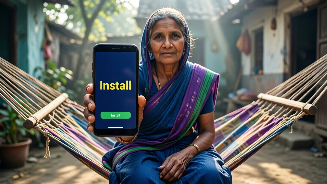 An older Indian woman in a cotton saree sitting on a charpai in a sunny courtyard, holding an Android phone toward us in her own hand, the screen deep navy with the large yellow word "Install" and one green button below it, the screen plain edge to edge