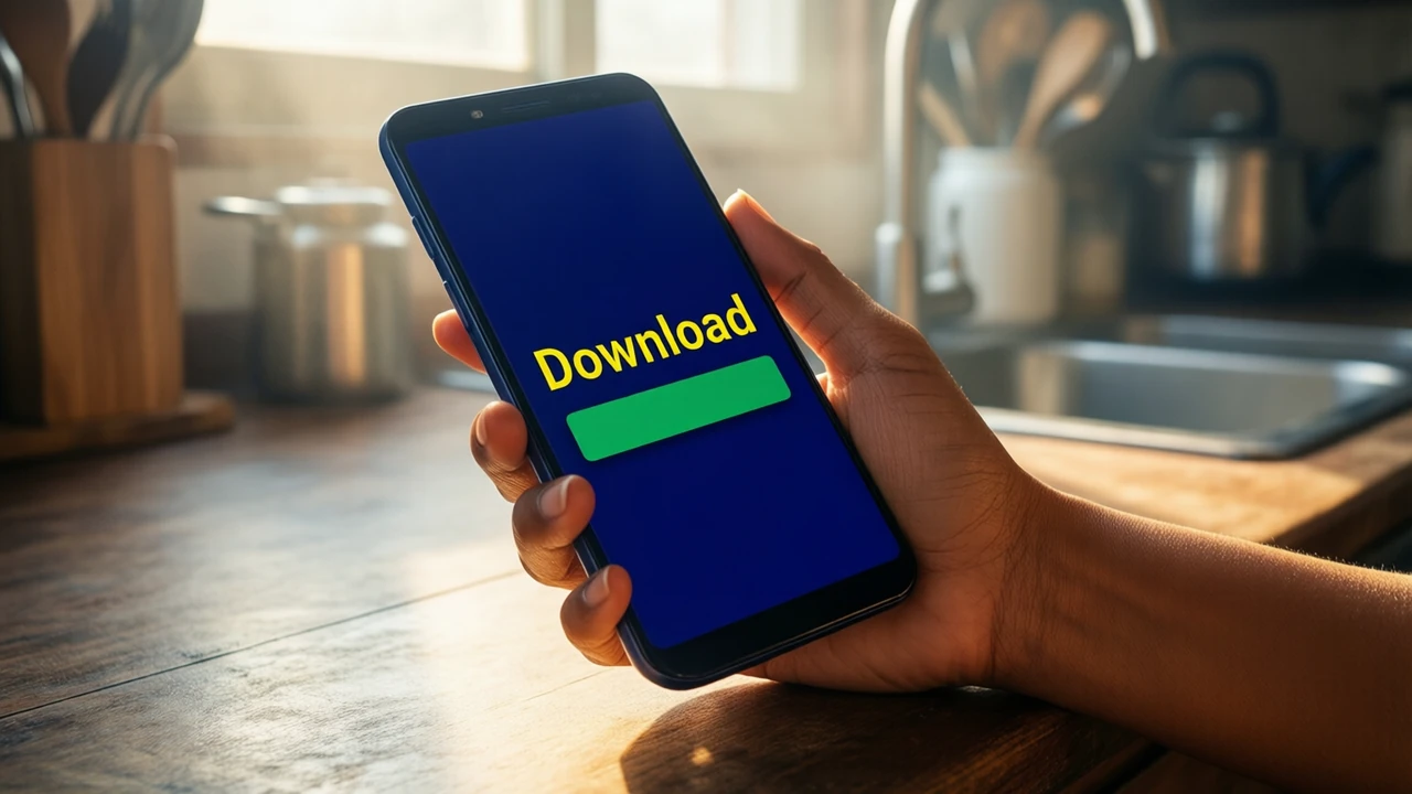 Close view of an Indian woman's hand holding an Android phone above a kitchen counter in morning light, the screen deep navy with the large yellow word "Download" and one wide green button below it, the screen plain edge to edge