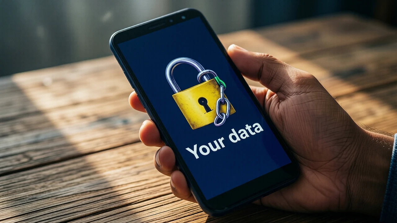 Close view of an Indian man's hand holding an Android phone over a wooden desk, the screen deep navy with a large closed yellow padlock, shackle locked shut, above the large white words "Your data", the screen plain edge to edge
