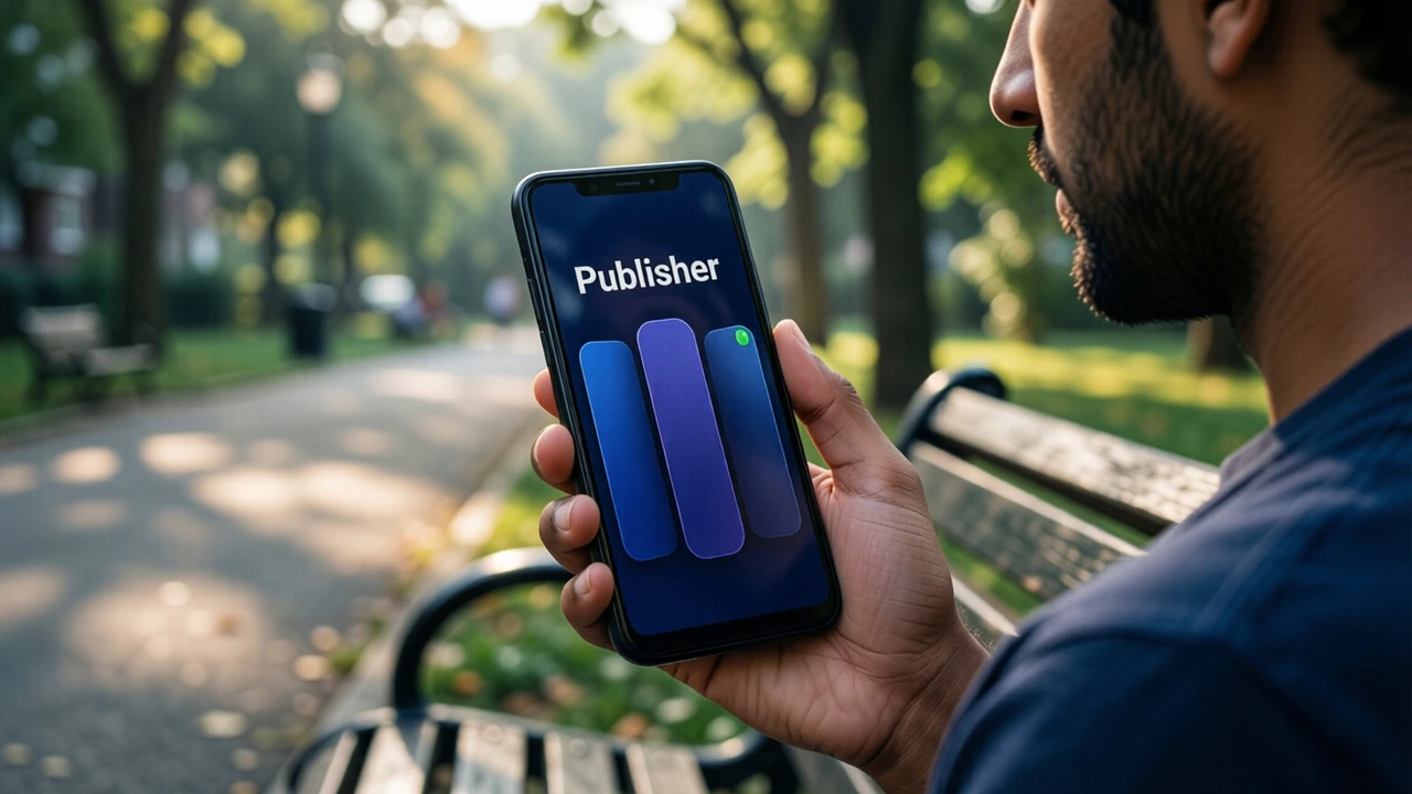An Indian man in his late twenties on a bench in a quiet neighbourhood park in the afternoon, holding an Android phone in his own hand and reading it, the screen deep navy with three tall rounded cards side by side and the large white word "Publisher" above them