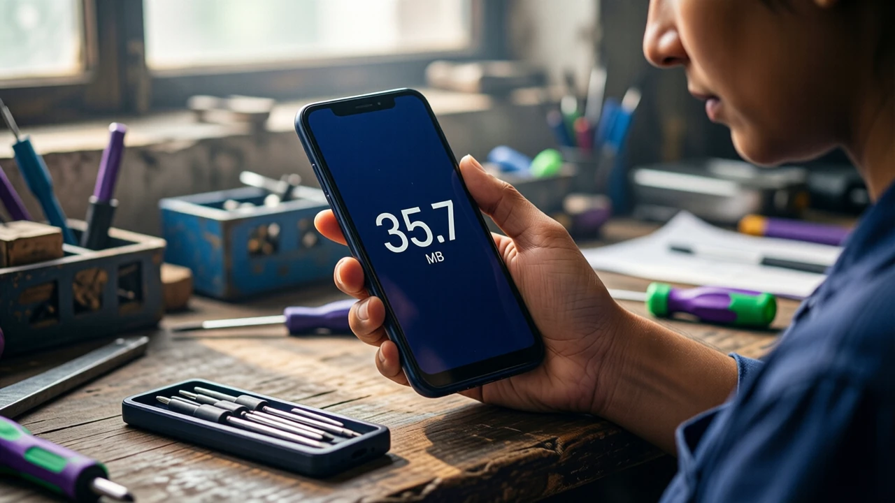 An Indian woman in her early thirties at a workbench in soft daylight, holding an Android phone in her left hand and reading its screen, the screen deep navy with the large white number "35.7 MB" printed flat, a small screwdriver set closed on the bench