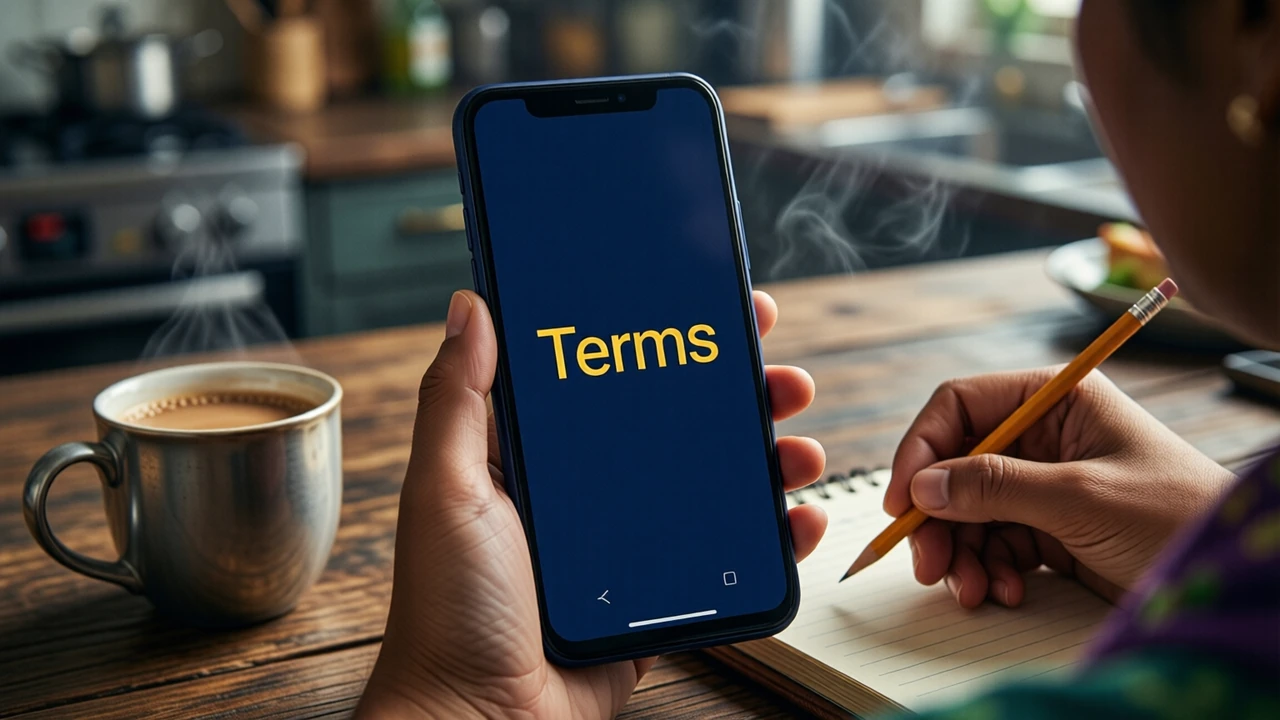 An Indian woman in her mid thirties at a kitchen table in Pune with a cup of chai, holding an Android phone in one hand and a pencil in the other over a paper notepad, the whole phone screen one flat deep navy field from the top edge to the bottom edge, carrying only the large yellow word "Terms" in its centre