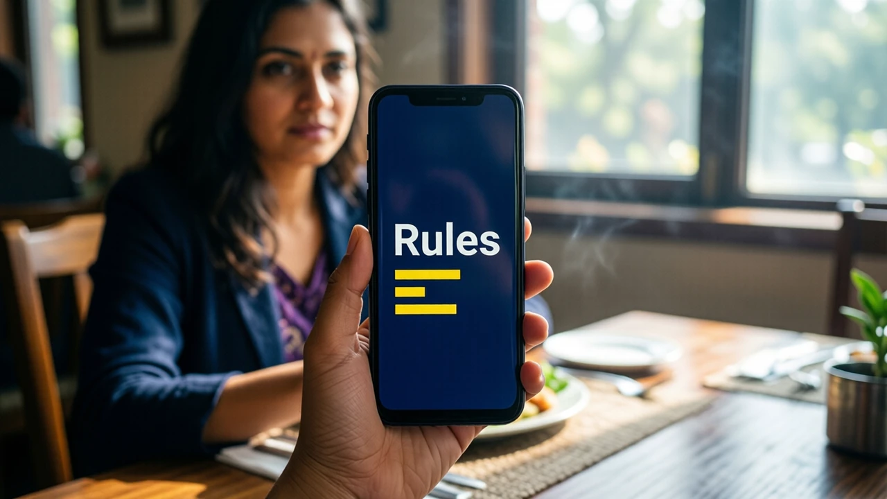 An Indian woman seated at a dining table holding an Android phone upright in one hand, the screen deep navy with the large white word "Rules" at the top and three short yellow bars below it, the screen plain edge to edge, daylight from a window